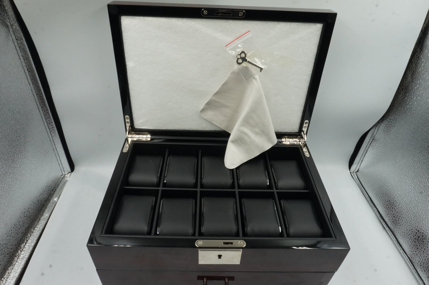 2 layer 20 slot watch case display with glass lid and slot