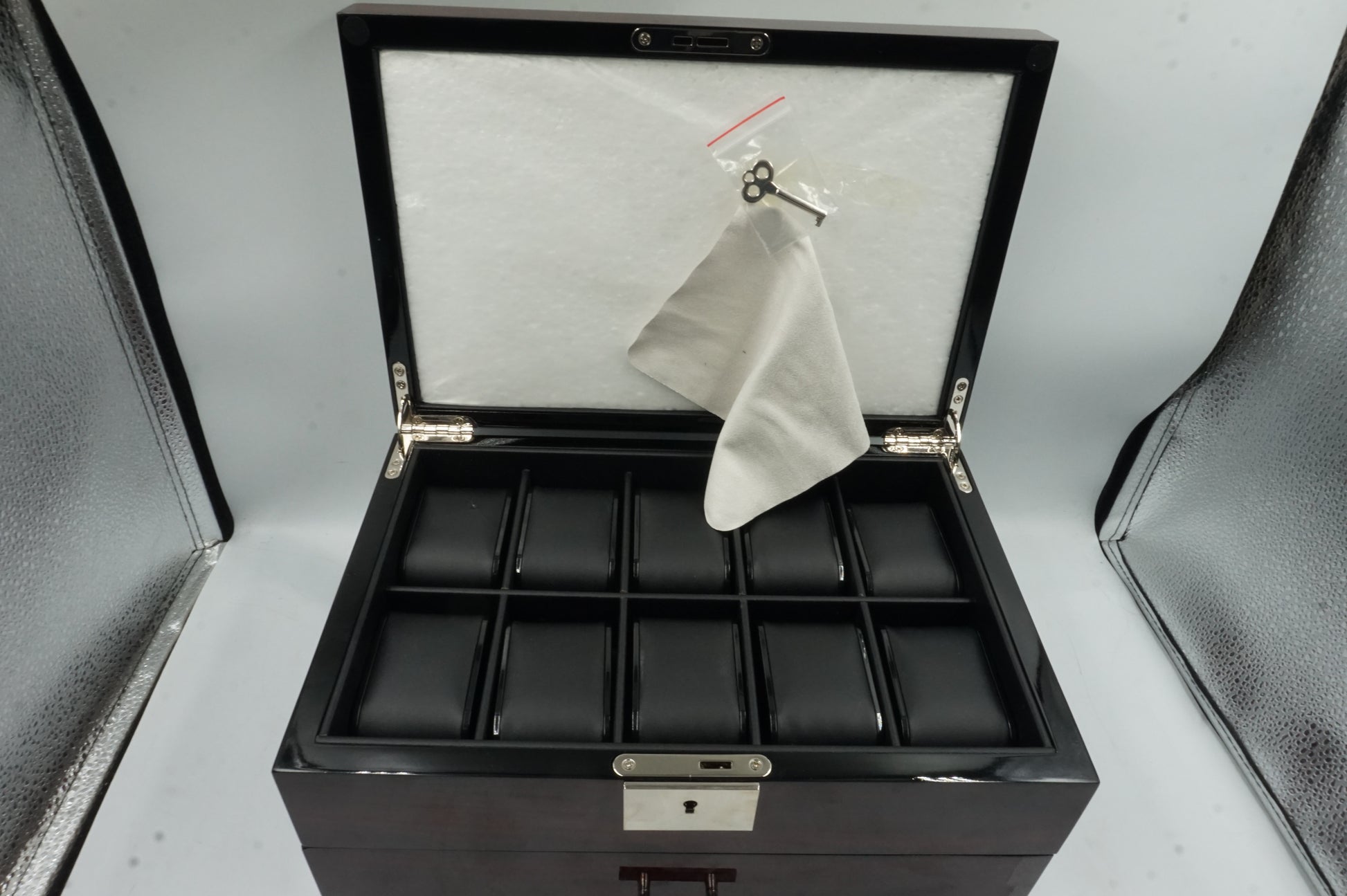 2 layer 20 slot watch case display with glass lid and slot