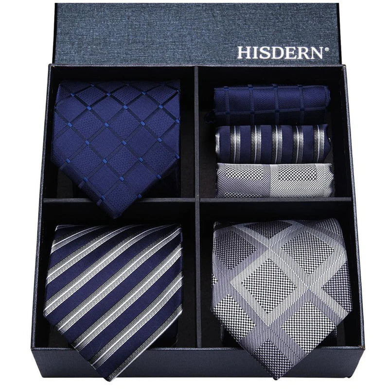 Hisdern 3-Piece Tie Set Black Silver Wedding Accessory Gift Box Set