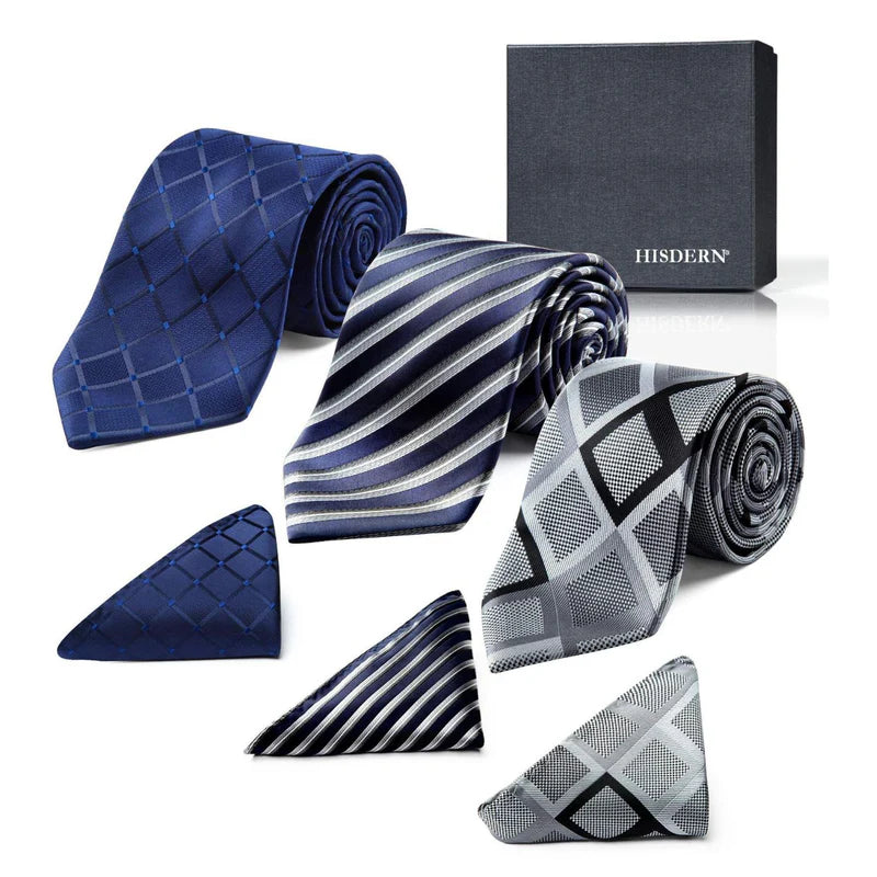 Hisdern 3-Piece Tie Set Black Silver Wedding Accessory Gift Box Set