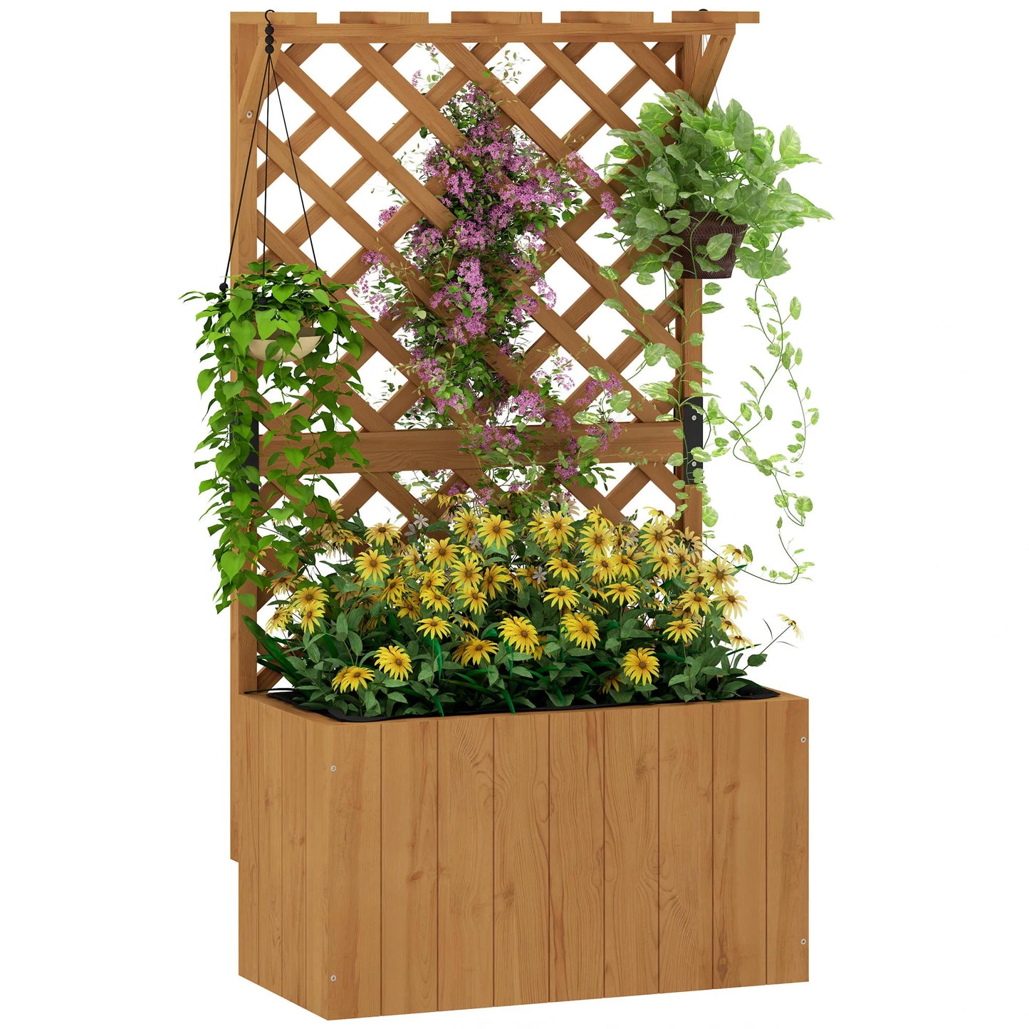 Wooden Planter with Trellis, Freestanding Raised Garden Bed with Drainage Holes