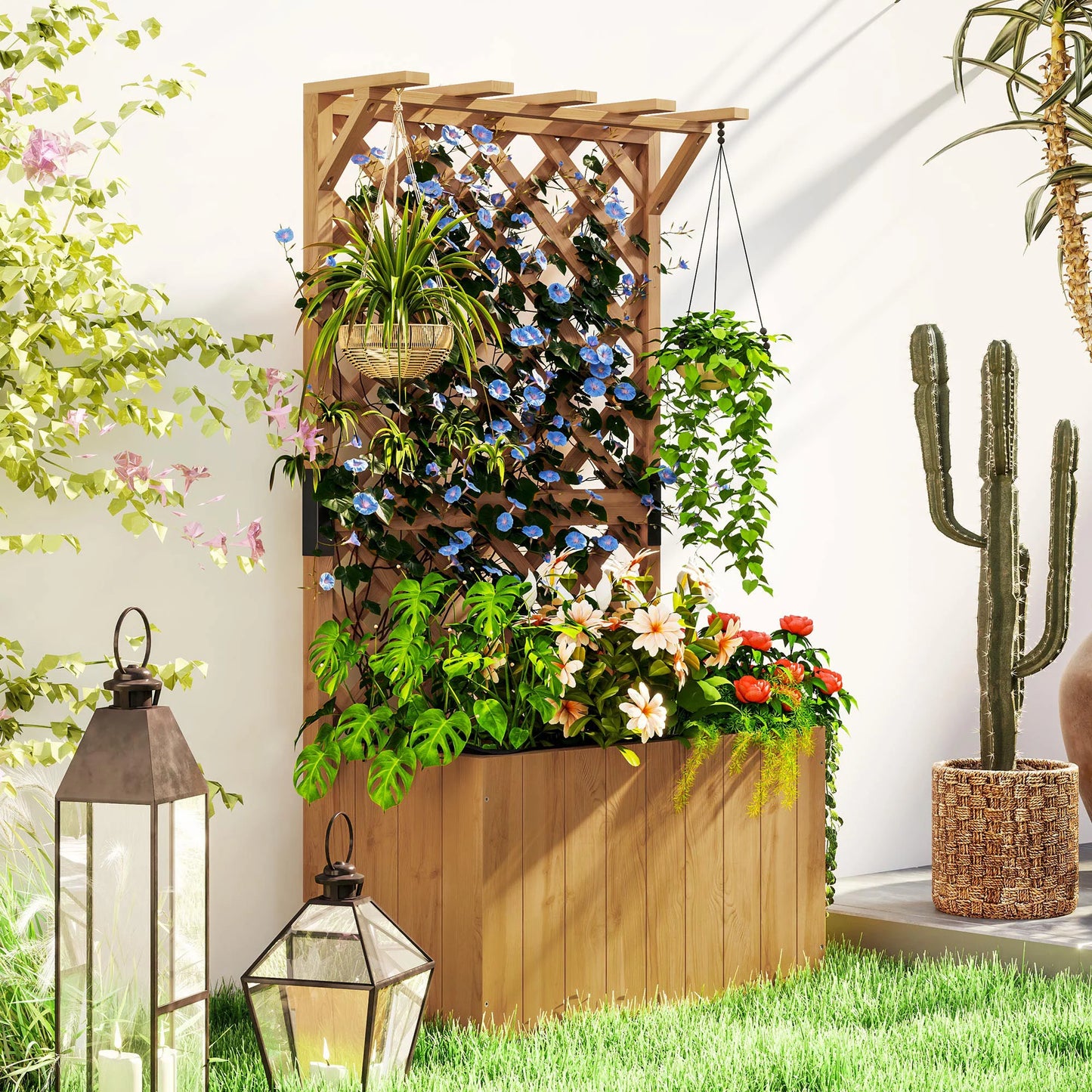 Wooden Planter with Trellis, Freestanding Raised Garden Bed with Drainage Holes