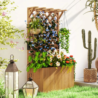 Wooden Planter with Trellis, Freestanding Raised Garden Bed with Drainage Holes