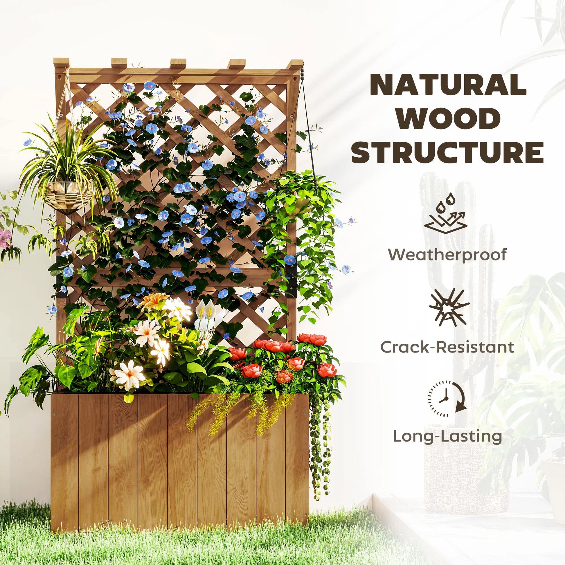 Wooden Planter with Trellis, Freestanding Raised Garden Bed with Drainage Holes