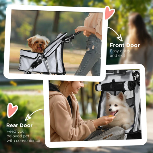 PawHut Pet Stroller for Small Miniature Dogs Travel Carriage with Wheels Zipper Entry Grey