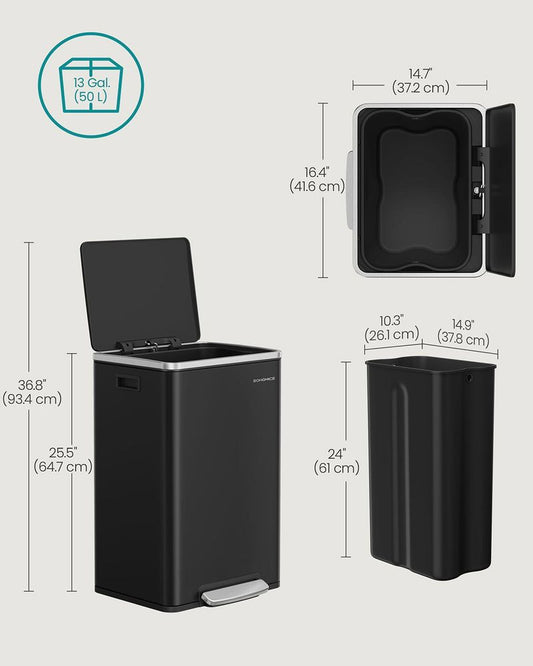 SONGMICS Kitchen Bin 50 L with 15 Bin Bags Stainless Steel Ink Black
