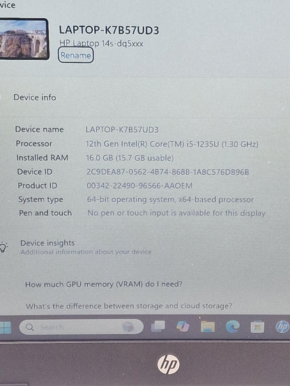 HP 14s-dq5010sa intel I5-1235u 512GB SSD 16GB Ram 14" laptop