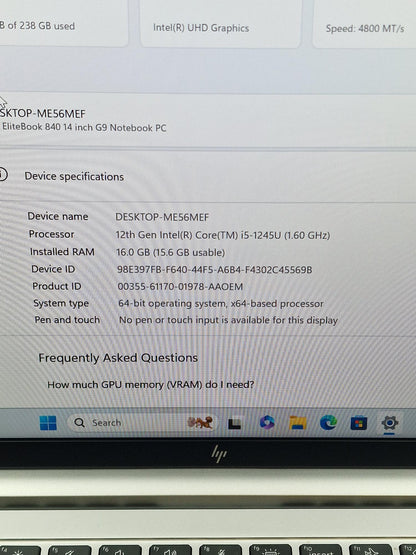 HP Elitebook 840 G9 Intel I5 12th gen 16GB Ram 256GB SSD 14" laptop