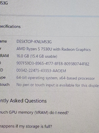 Acer aspire 5 15 AMD Ryzen 5 7530u 16GB Ram 512GB SSD 15.6" Laptop