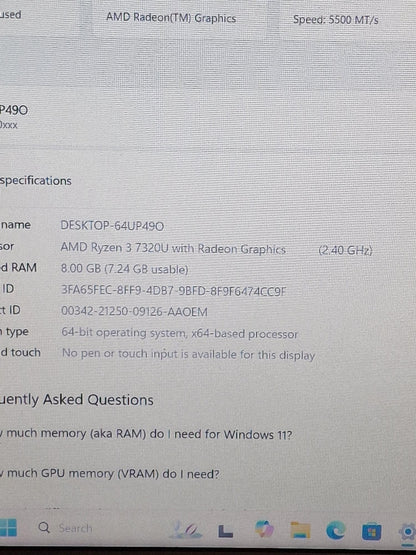 HP 15-FC0036NA AMD Ryzen 3 7320u 8GB Ram 256GB SSD 15.6" laptop