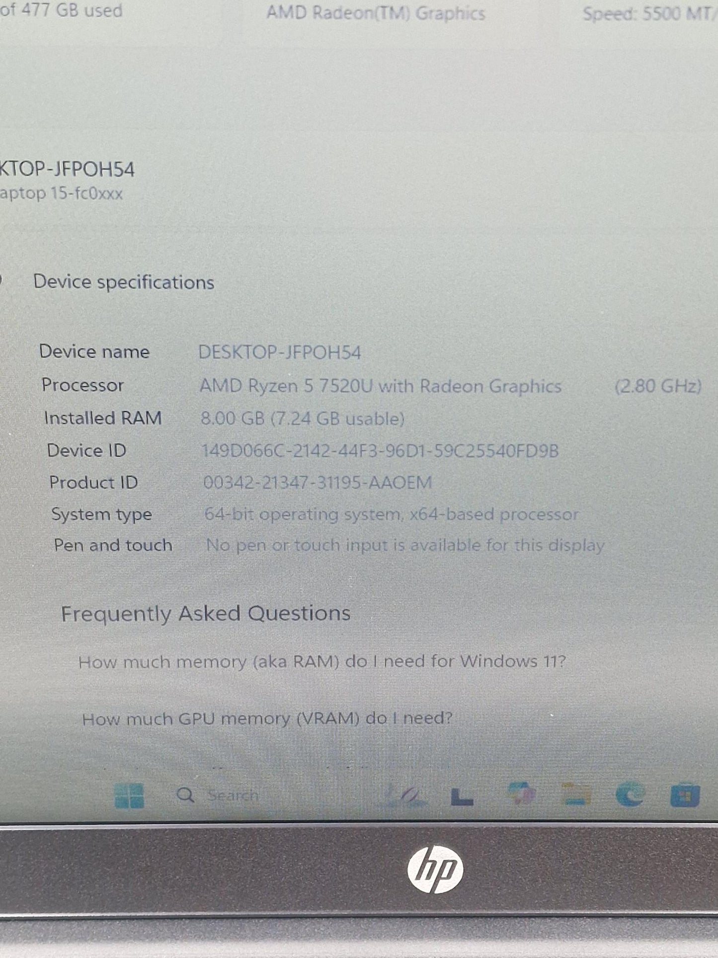 HP 15 FC0036NA AMD Ryzen 5 7520U 2.8GHz 8GB Ram 512GB SSD 15.6" laptop