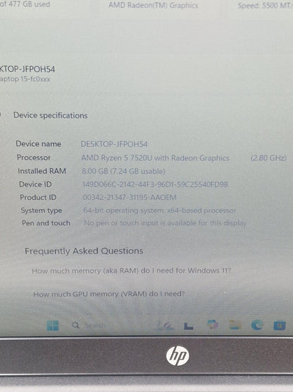 HP 15 FC0036NA AMD Ryzen 5 7520U 2.8GHz 8GB Ram 512GB SSD 15.6" laptop