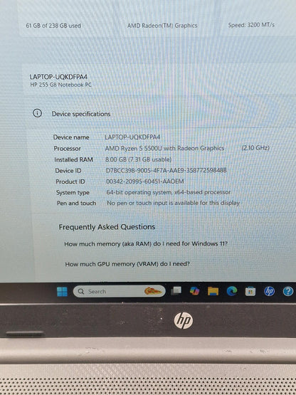HP 255 G8 AMD Ryzen 5 5500u 8GB Ram 256GB SSD 15.6" Laptop