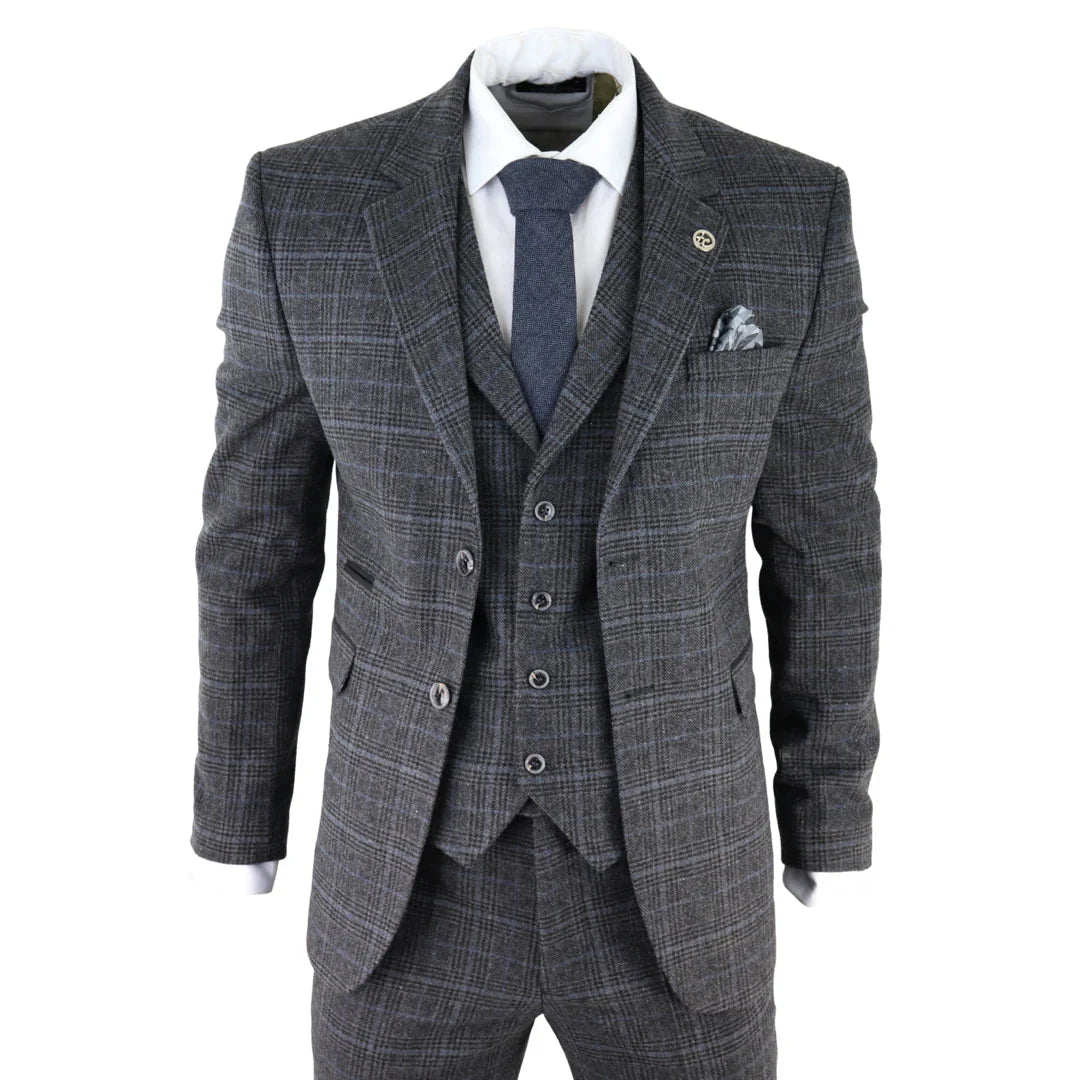 knighthood master tailors Grey Tweed 3 Piece Suit Blue Check 1920s size 40