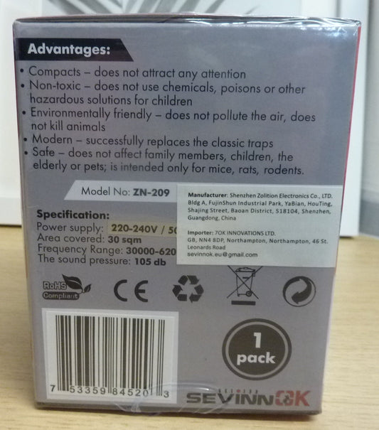SEVINNOK Control - T2 - Indoor Ultrasonic Repeller for Mice, Rats, Rodents, Cockroach