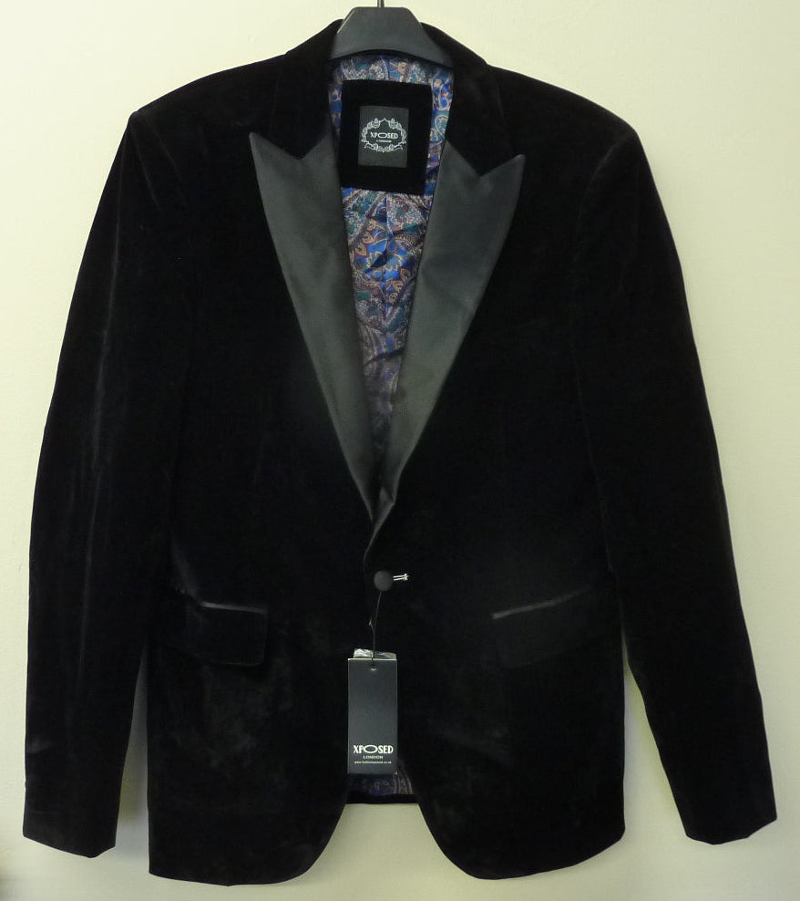 XPOSED LONDON Dinner Tim Jacket-Black Soft Velvet Tuxedo Jacket-40"