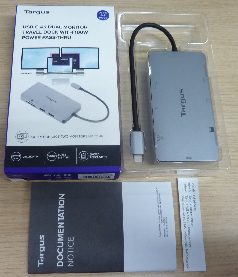 Targus USB-C Docking Station, Dual HDMI 4K Monitor Display Ports, Gigabit Ethernet, Micro SD, 2x USB 3.0 with 100W Power Delivery - Silver