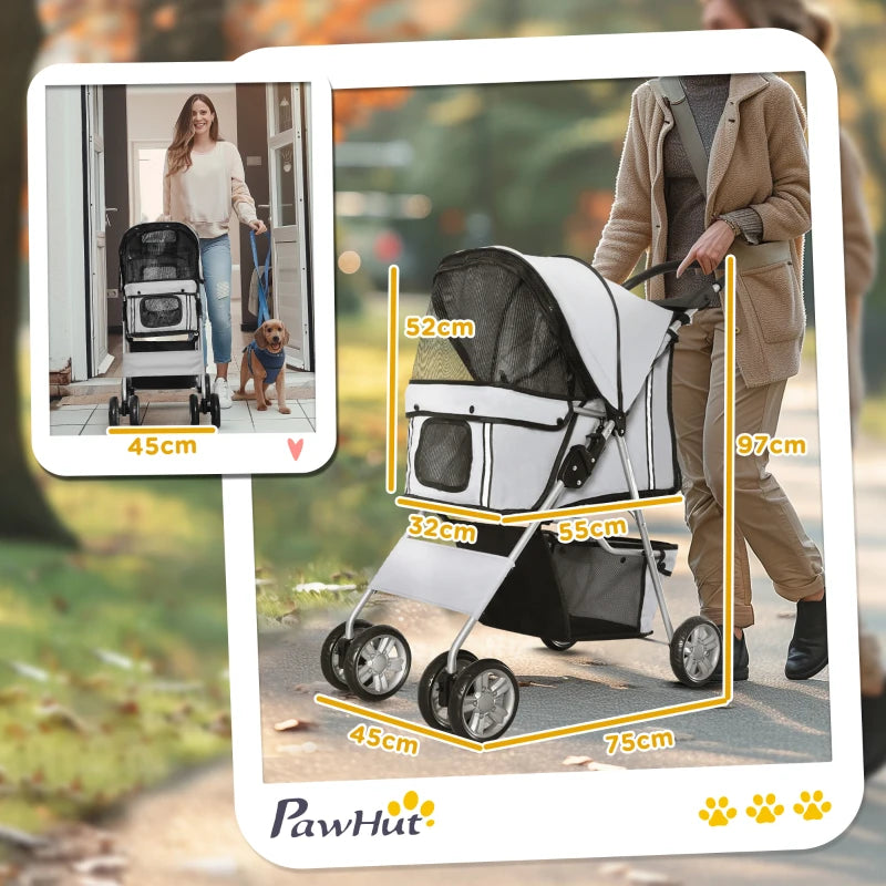 PawHut Pet Stroller for Small Miniature Dogs Travel Carriage with Wheels Zipper Entry Grey