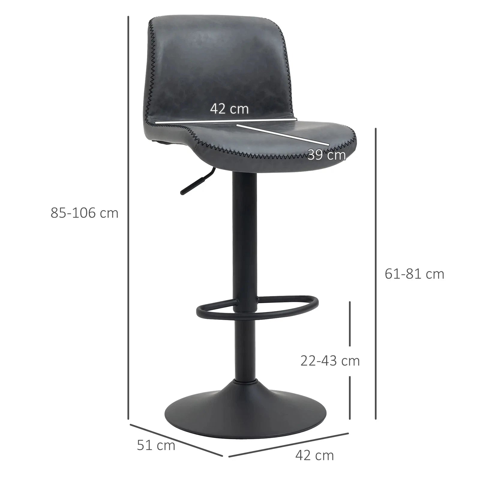 HOMCOM Set of 2 Bar Stool for Breakfast Bar, Kitchen and Home, Dark Grey