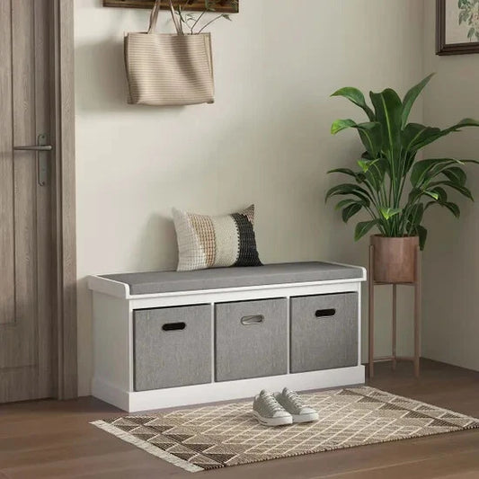 HOMCOM Three-Drawer Shoe Storage Bench with Padded Top Seat White