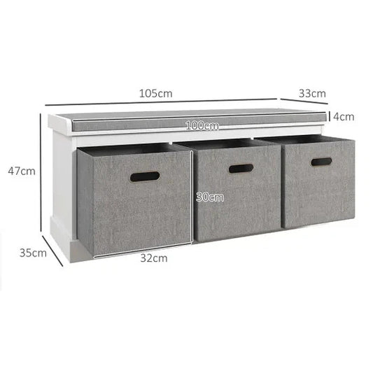 HOMCOM Three-Drawer Shoe Storage Bench with Padded Top Seat White