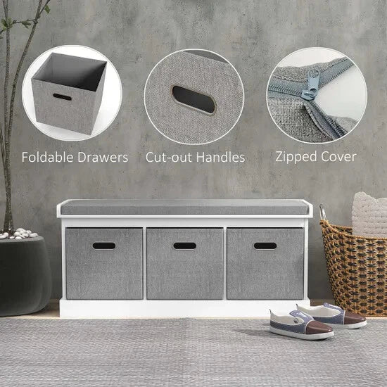 HOMCOM Three-Drawer Shoe Storage Bench with Padded Top Seat White