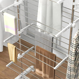 HOMCOM Four-Shelf Collapsing Clothes Horse, With Side Arms and Wheels - White