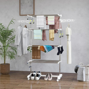 HOMCOM Four-Shelf Collapsing Clothes Horse, With Side Arms and Wheels - White