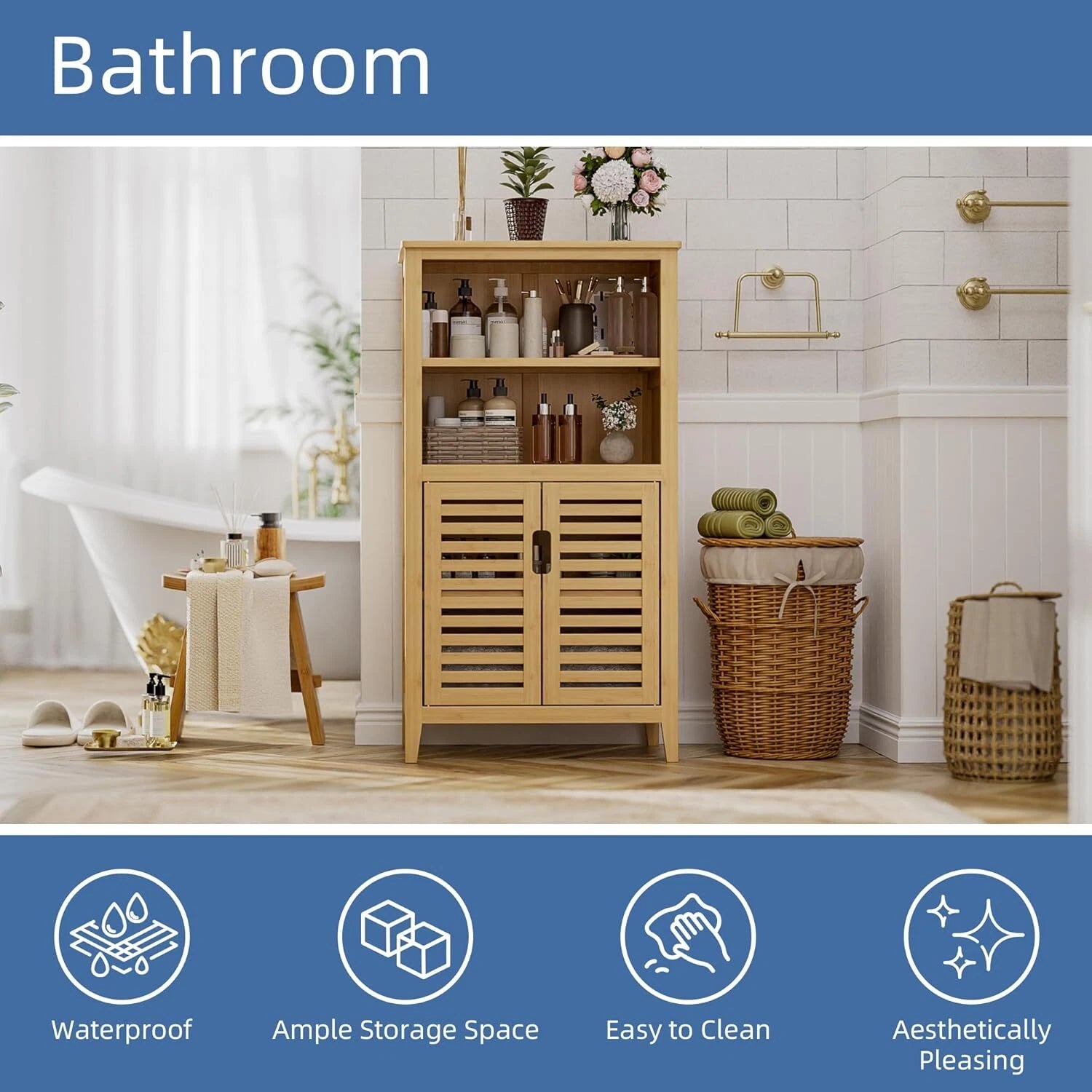 HITNET Bathroom Floor Cabinet Bamboo Kitchen Cupboard, Natural