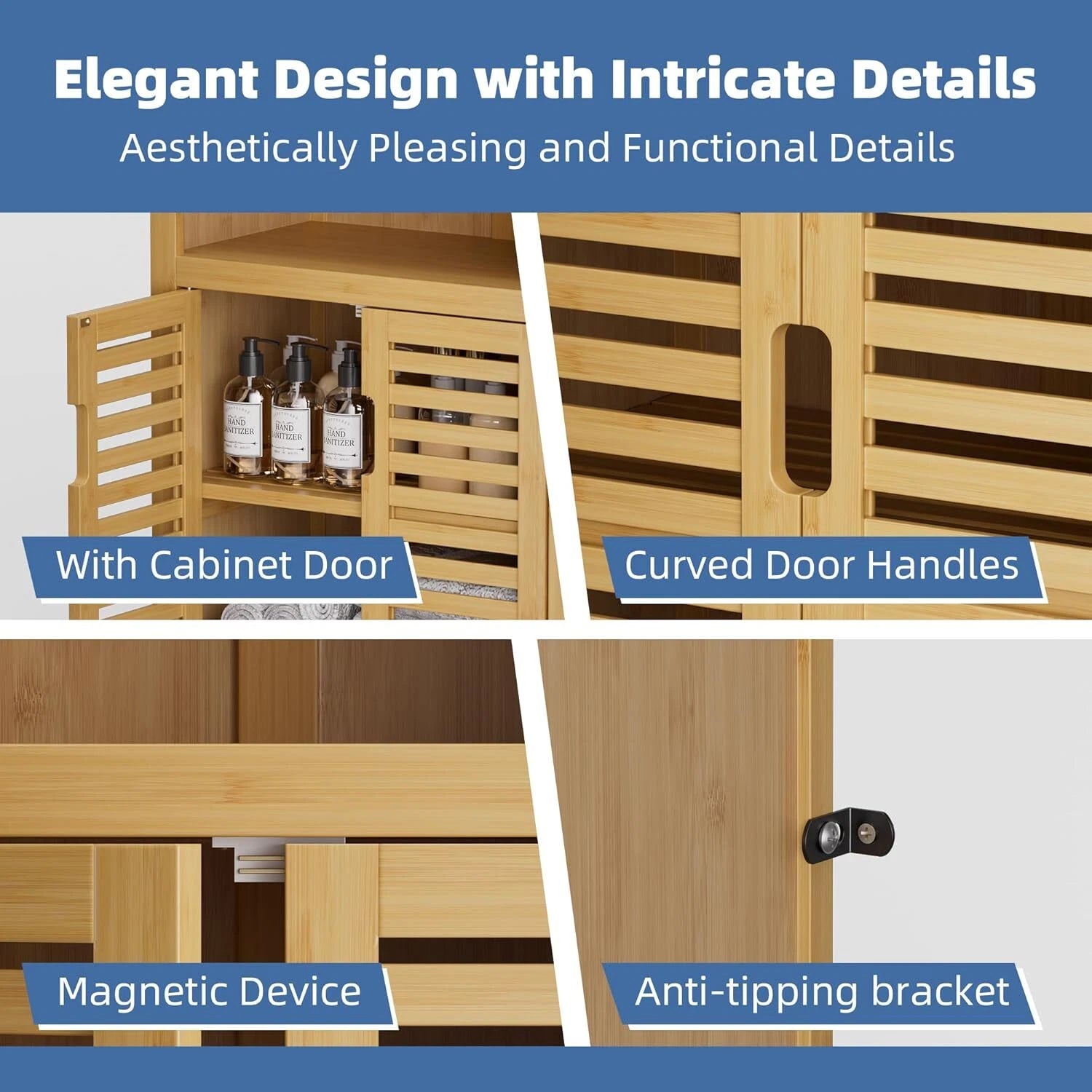 HITNET Bathroom Floor Cabinet Bamboo Kitchen Cupboard, Natural