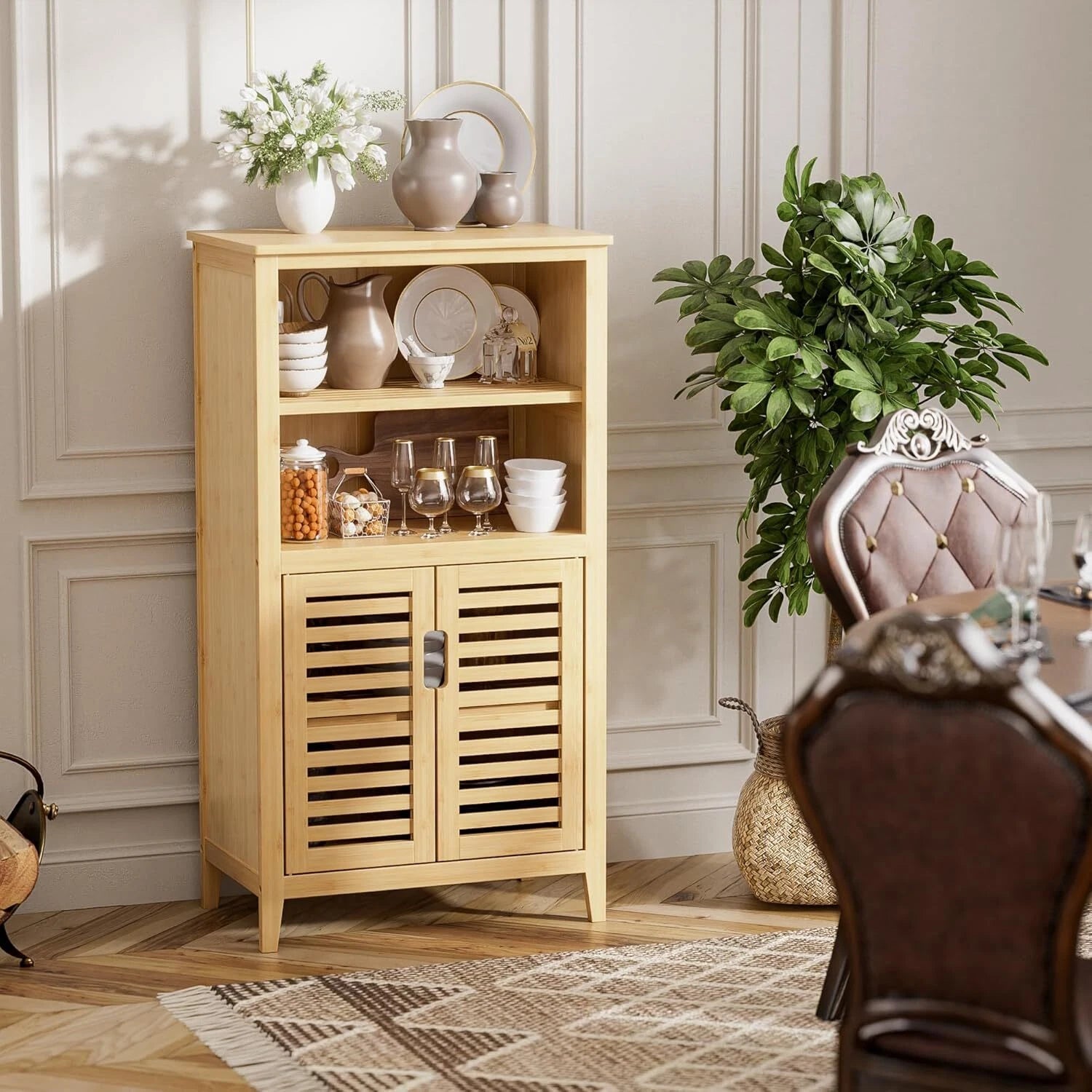 HITNET Bathroom Floor Cabinet Bamboo Kitchen Cupboard, Natural