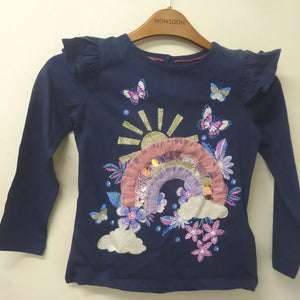 MONSOON RAINBOW LONG SLEEVE TOP-5/6YRS-NAVY BLUE