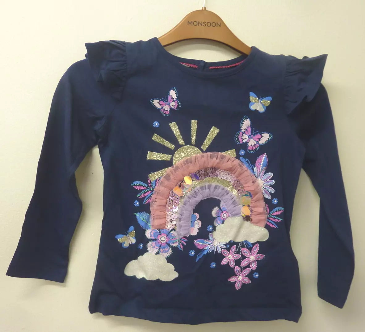 MONSOON RAINBOW LONG SLEEVE TOP-5/6YRS-NAVY BLUE