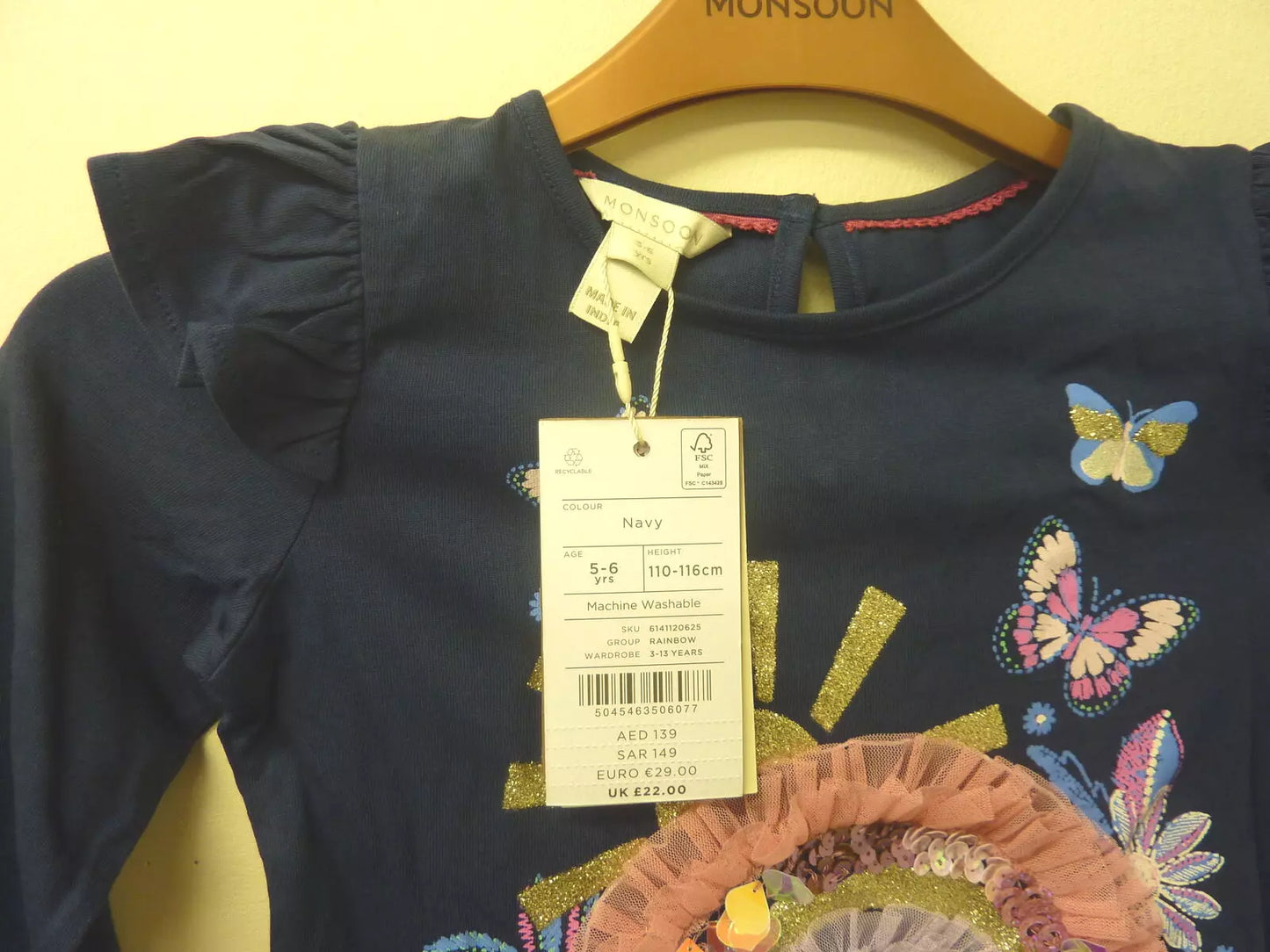 MONSOON RAINBOW LONG SLEEVE TOP-5/6YRS-NAVY BLUE