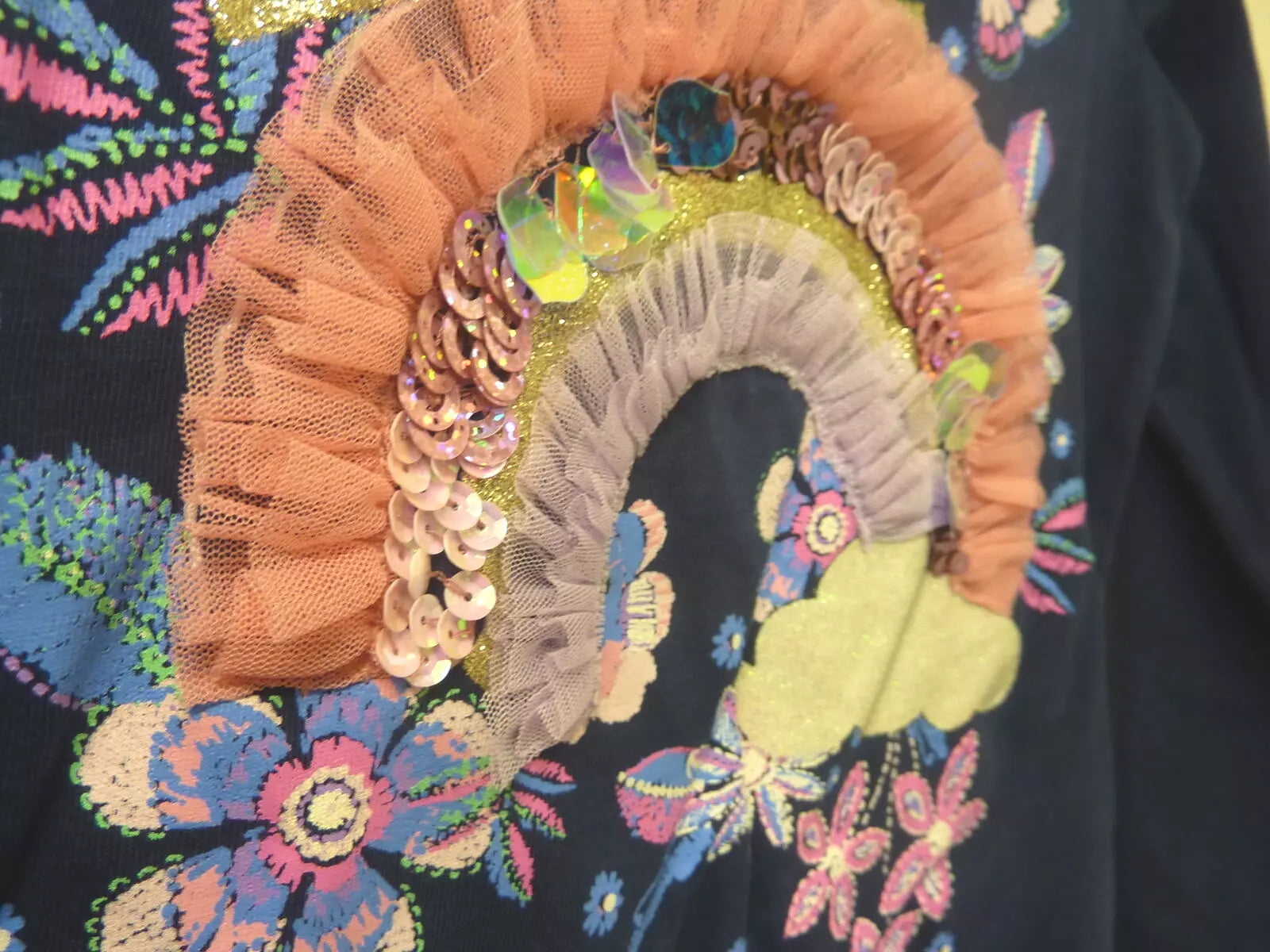 MONSOON RAINBOW LONG SLEEVE TOP-5/6YRS-NAVY BLUE