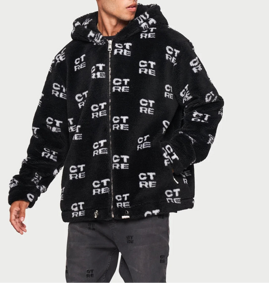 CTRE FUR LOGO OVERSIZED HOODED JACKET Black XXS