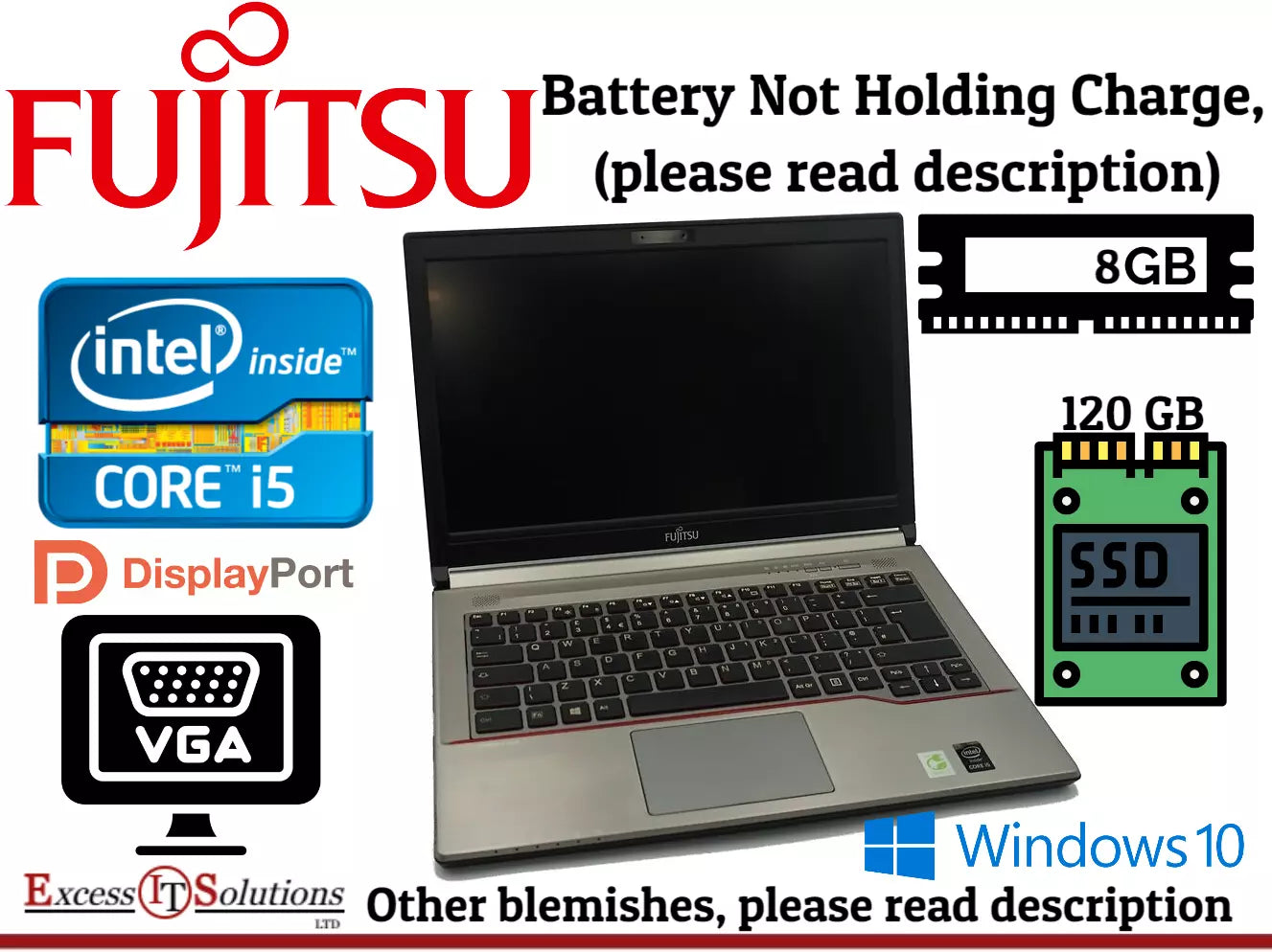 Fujitsu Lifebook E744 Intel i5 4th 8GB RAM 120GB SSD Win 10 Pro Silver/Red