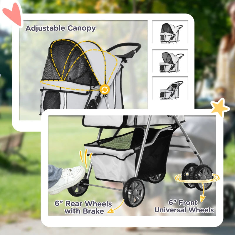 PawHut Pet Stroller for Small Miniature Dogs Travel Carriage with Wheels Zipper Entry Grey